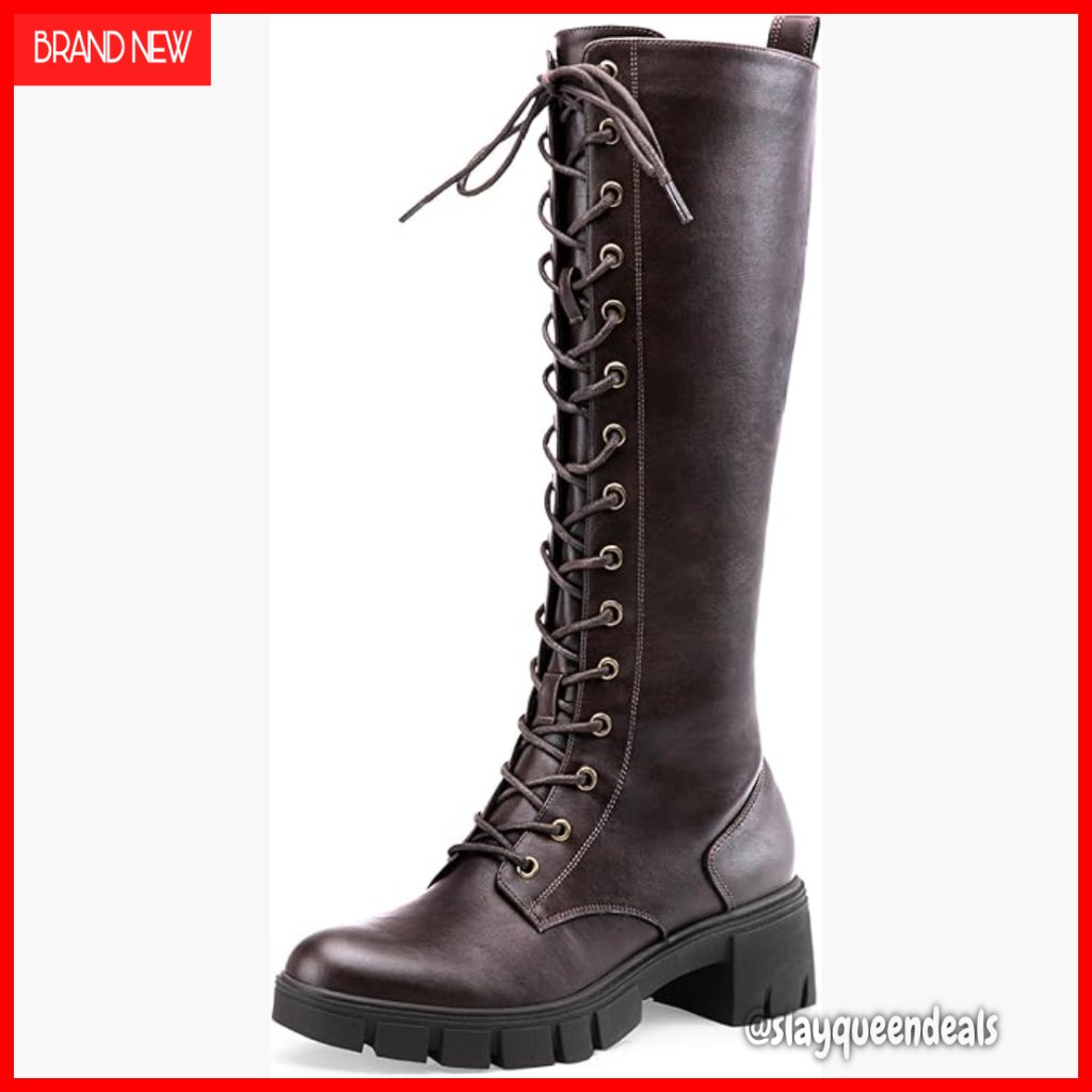 Women's Knee High Combat Boots Platform Chunky Heel Lace Up Knit Stretch